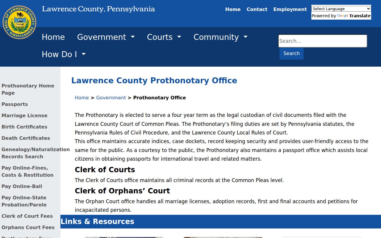 New Castle residents directory Lawrence County Court of Common Pleas page