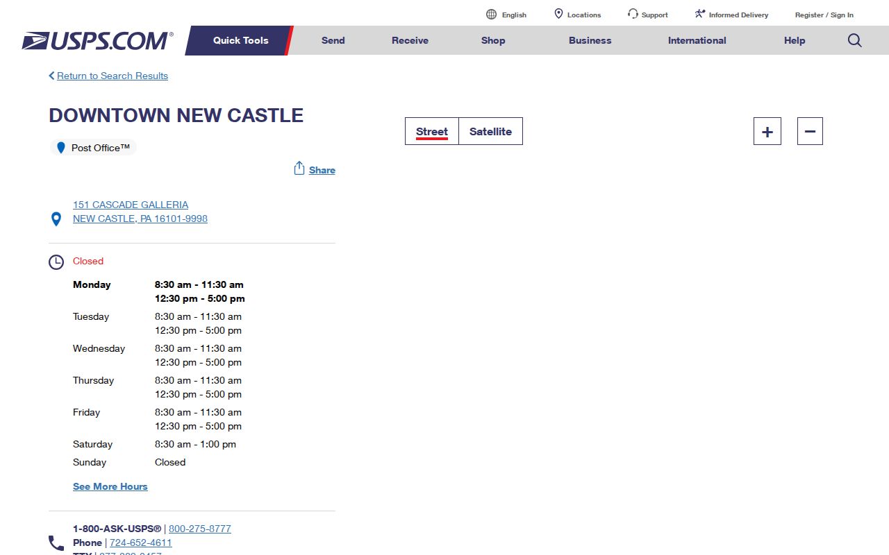 New Castle ZIP code directory USPS Downtown New Castle postal location